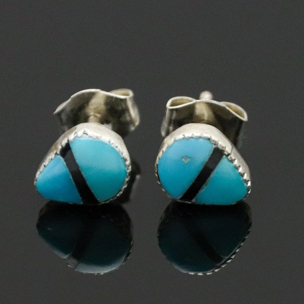 Vintage Southwest Sterling Silver 925 Teardrop Turquoise Onyx Stud Earrings